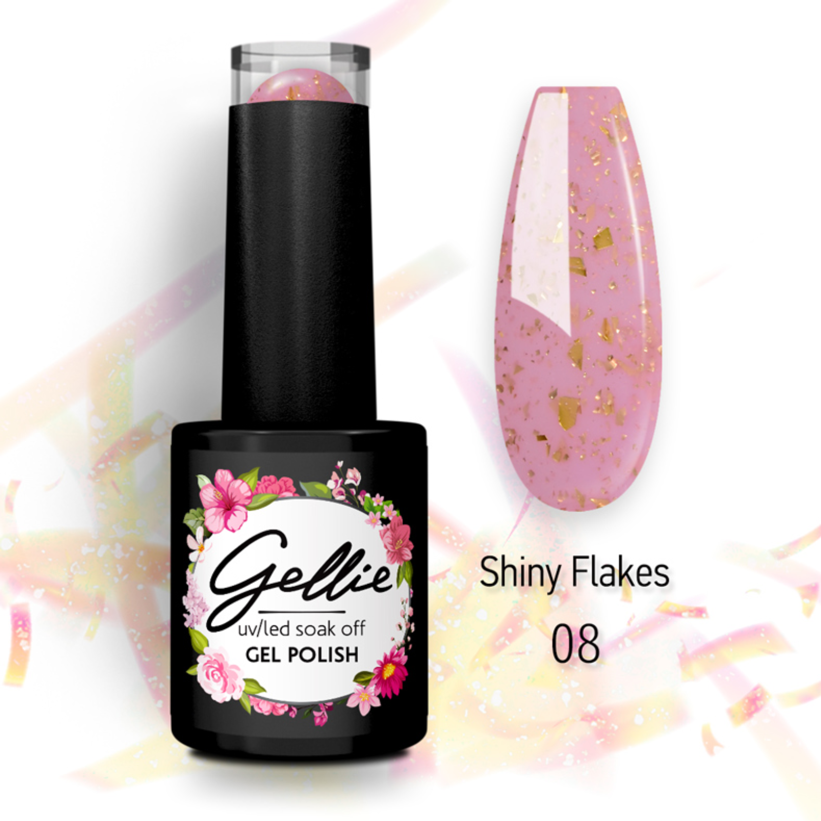 Gellie Shiny Flakes 08 - Γαλακτερό ροζ με χρυσά flakes